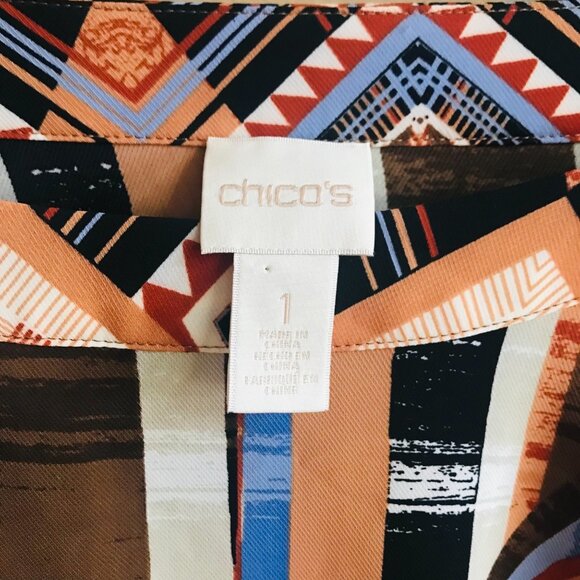Chico's Blouse Geo Boho Aztec Tribal Tie Sleeve Women Size 1Medium Multi-Color - Picture 6 of 11